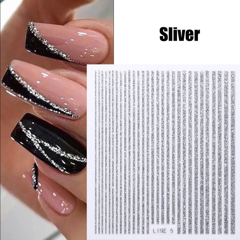 3D Rhinestone French Tip Nail Stickers – Gold & Silver Retro Wave Line Design for DIY Nail Art