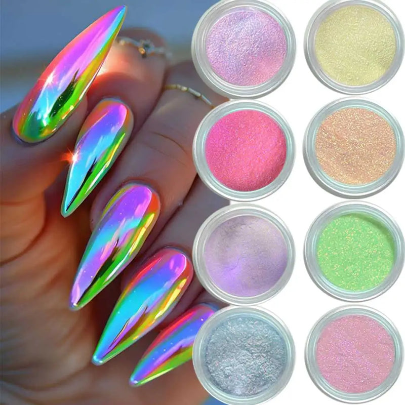 9 Colours Magic Aurora Chrome Nail Powder – Neon Chameleon Mirror Effect Glitter