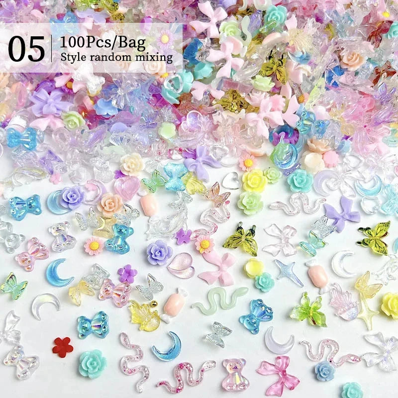 Mix Colour Jelly Ribbon Bowknot & Pearl Nail Charms – 3D Nail Art Decorations