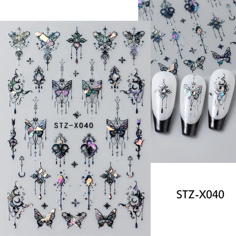 Metallic Black Butterfly 3D Nail Stickers – Dark Style Charms, Lace, Moon & Star Foil Decals