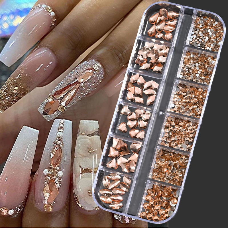 12 Colors Luxury Crystal Nail Art Rhinestones 3D Mixed-Shape Clear/AB Glitter Diamond DIY 12 Grids