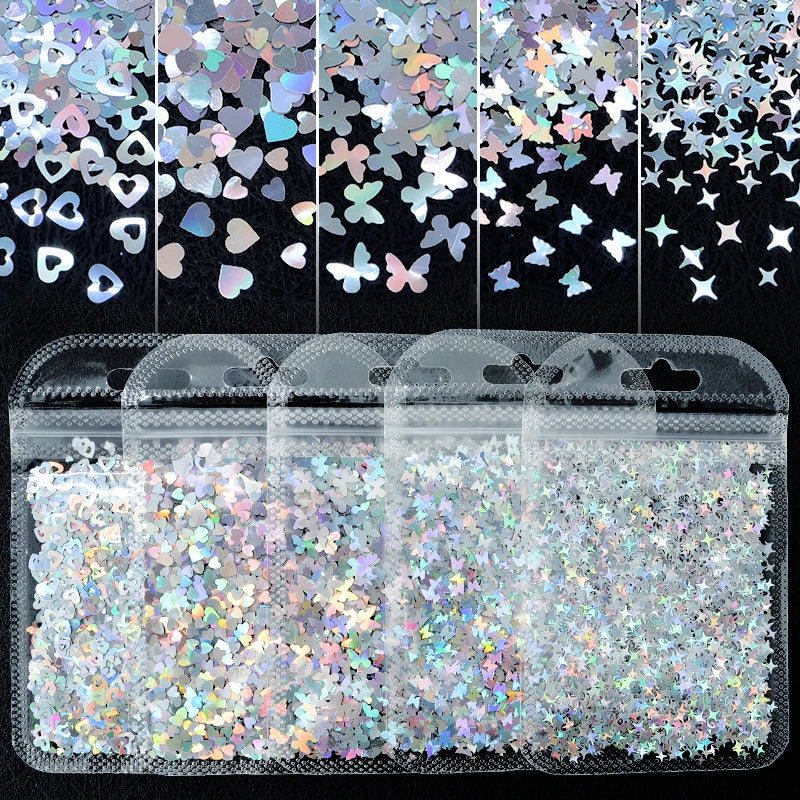 Holographic Laser Silver Nail Art Glitter Flakes Butterfly Love Heart Letter Shaped Sequins Nails