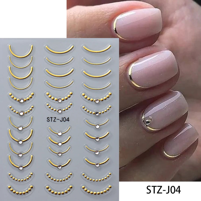 3D Rhinestone French Tip Nail Stickers – Gold & Silver Retro Wave Line Design for DIY Nail Art