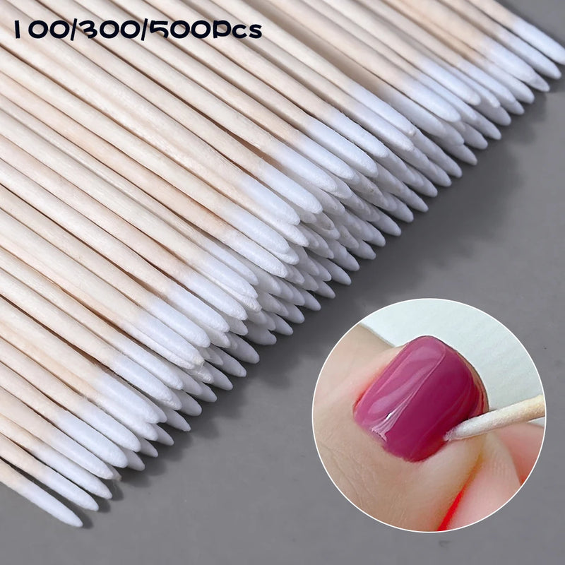 100/300/500Pcs Wooden Cotton Swabs – Nail Polish Remover & Manicure Cleaning Sticks (10cm)