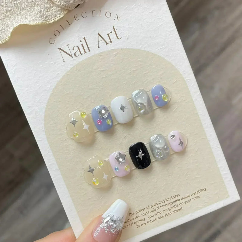 10Pcs Handmade Cute Press-On Nails – Short False Nails with 3D Star, Moon & Rhinestone Heart Design