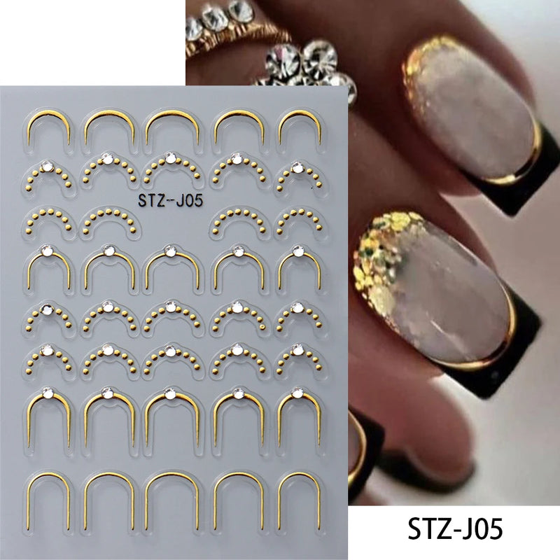 3D Rhinestone French Tip Nail Stickers – Gold & Silver Retro Wave Line Design for DIY Nail Art