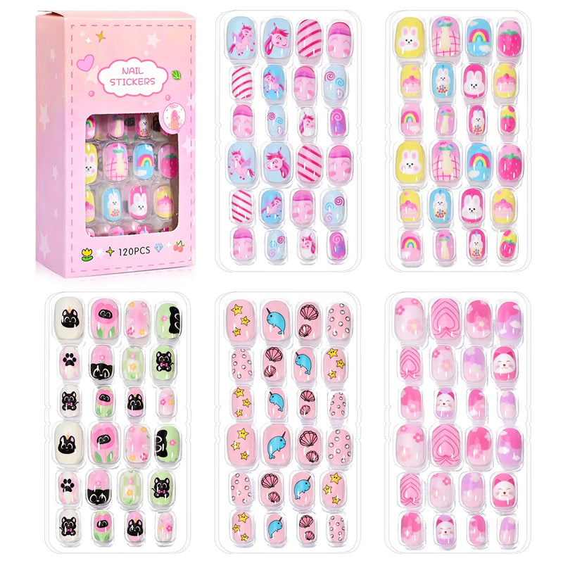 120PCS Pink Cartoon Press-On Nails for Kids – Unicorn, Cat, Bunny Full Cover False Nails