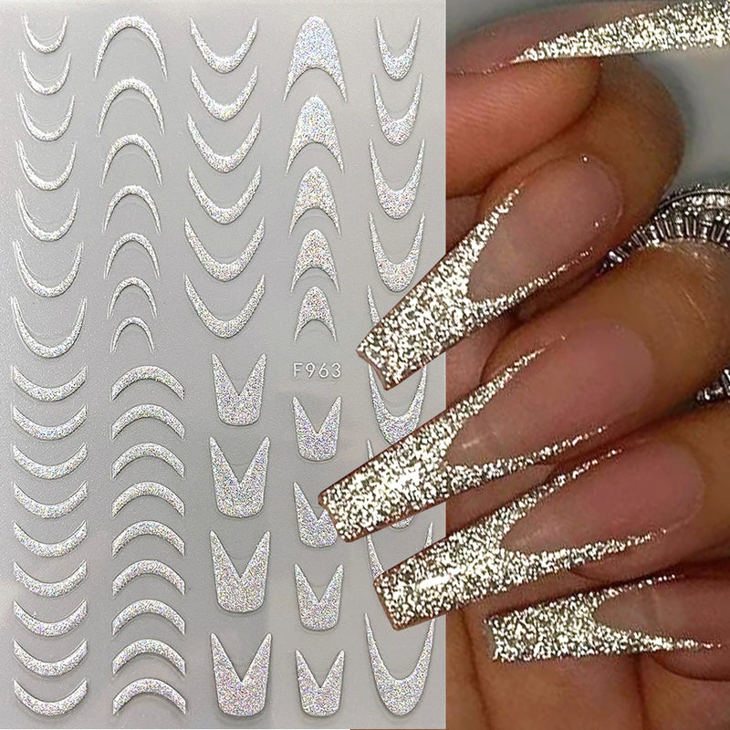 3D Rhinestone French Tip Nail Stickers – Gold & Silver Retro Wave Line Design for DIY Nail Art