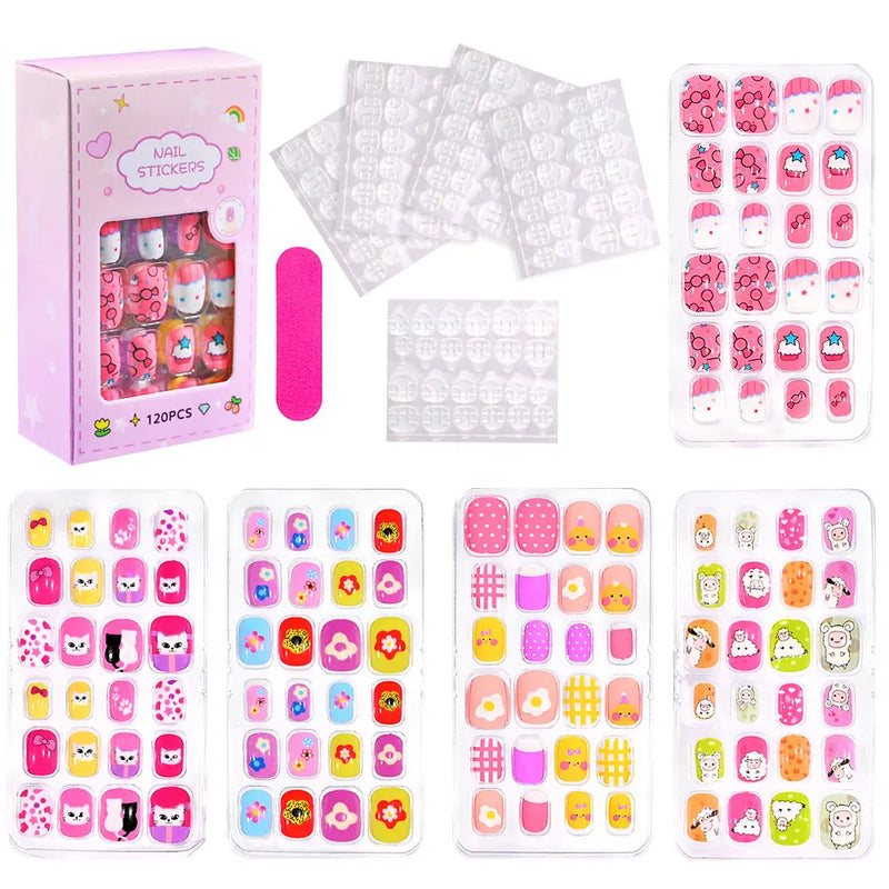 120Pcs Cute Cartoon Press-On Nails for Kids – 5 Packs Full Cover Fake Nails with Jelly Glue