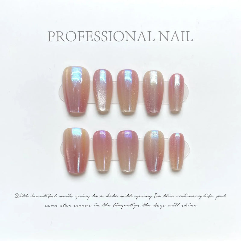 10Pcs Cat Eye Handmade Press-On Nails – Gradient French Ballerina Artificial Nail Tips