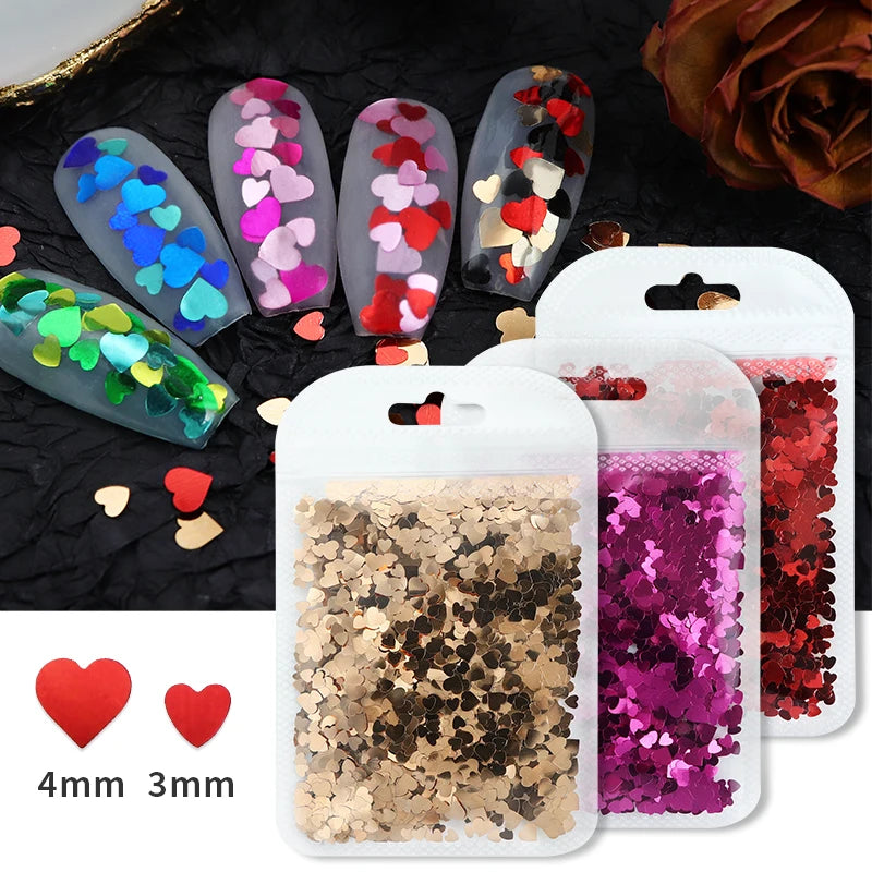 Mix Size Love Heart Glitter Sequins Nail Charms Design Red Black Hearts Shaped Flakes Nails Art