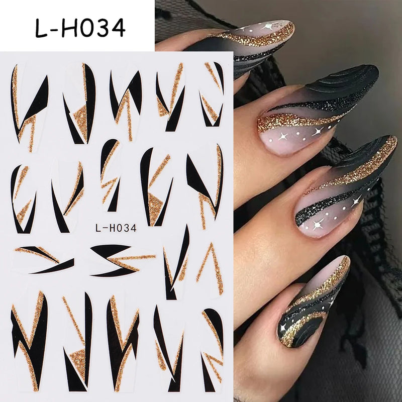 3D Rhinestone French Tip Nail Stickers – Gold & Silver Retro Wave Line Design for DIY Nail Art