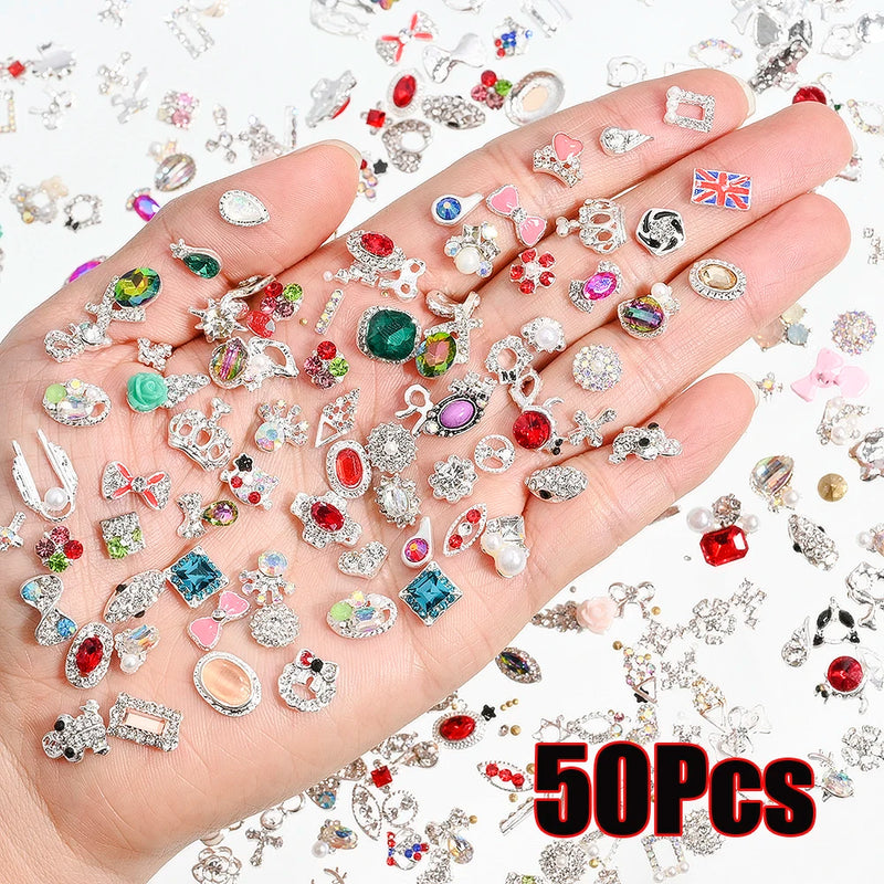 50pcs Random Luxury Nail Art Dangle Charms – Heart Bowknot Tassel Alloy 3D Nail Jewellery