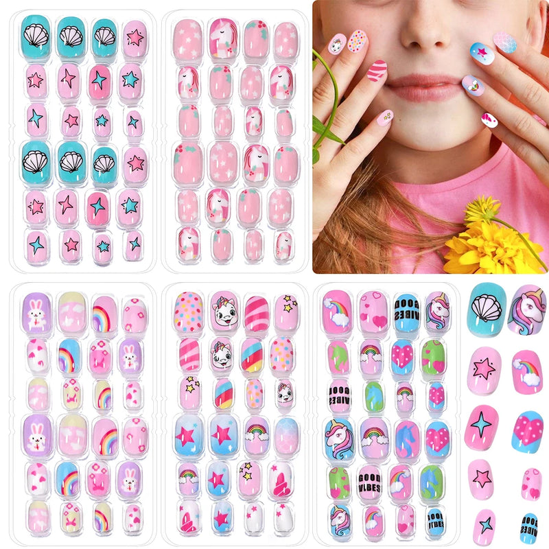 120PCS Pink Cartoon Press-On Nails for Kids – Unicorn, Cat, Bunny Full Cover False Nails