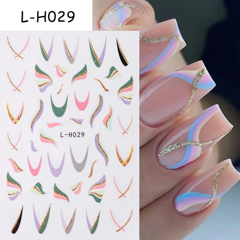 3D Rhinestone French Tip Nail Stickers – Gold & Silver Retro Wave Line Design for DIY Nail Art