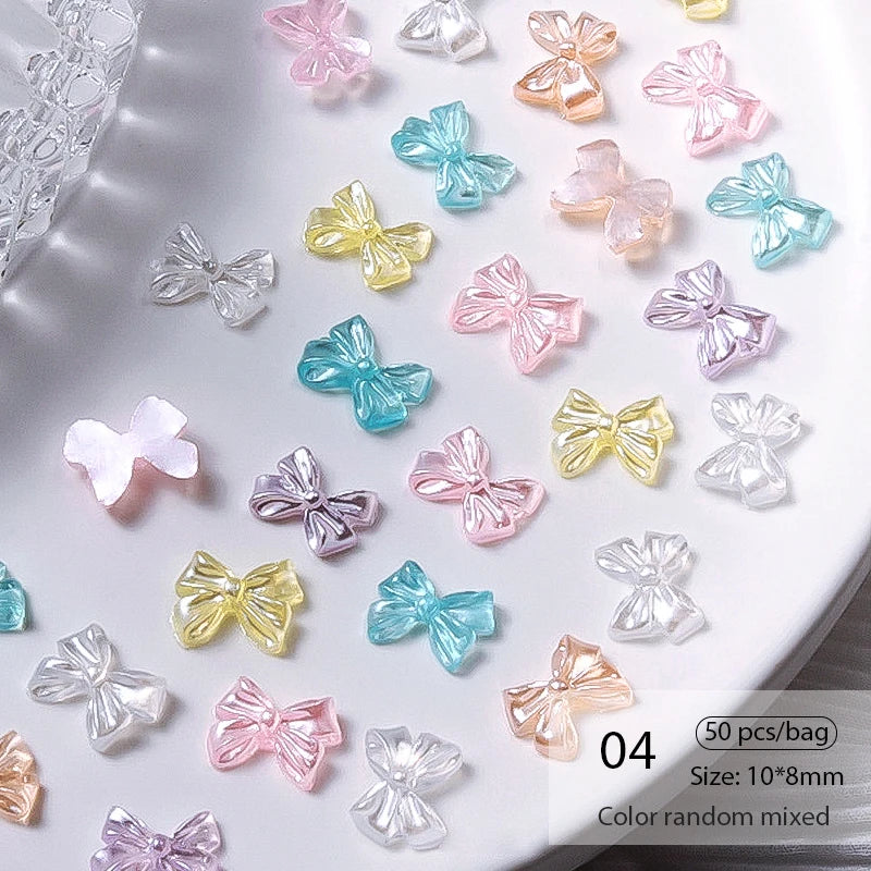 Mix Colour Jelly Ribbon Bowknot & Pearl Nail Charms – 3D Nail Art Decorations