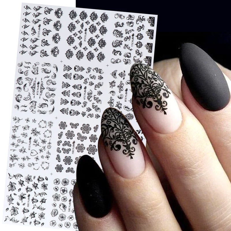 12PCS / Set Black Nail Stickers Flower Leaf Necklace 3D Sliders Decal Gel Polish Sticker DIY Design