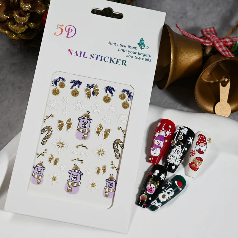 Christmas Nail Art Stickers – 3D Santa Claus & Elk Snowflake Decals for Festive Manicures