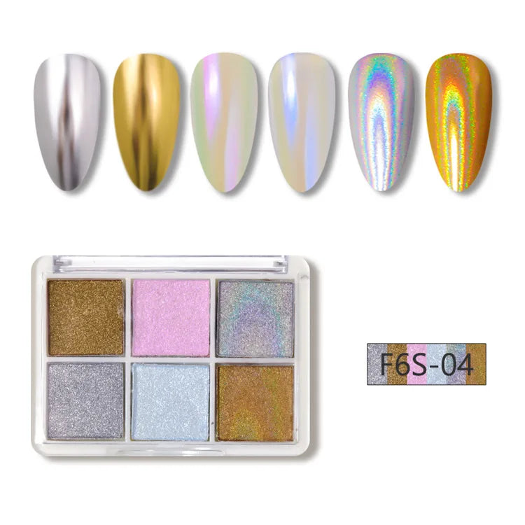 6-Piece Mirror Chrome Effect Nail Glitter – Holographic Metallic Dust for Stunning Nail Art