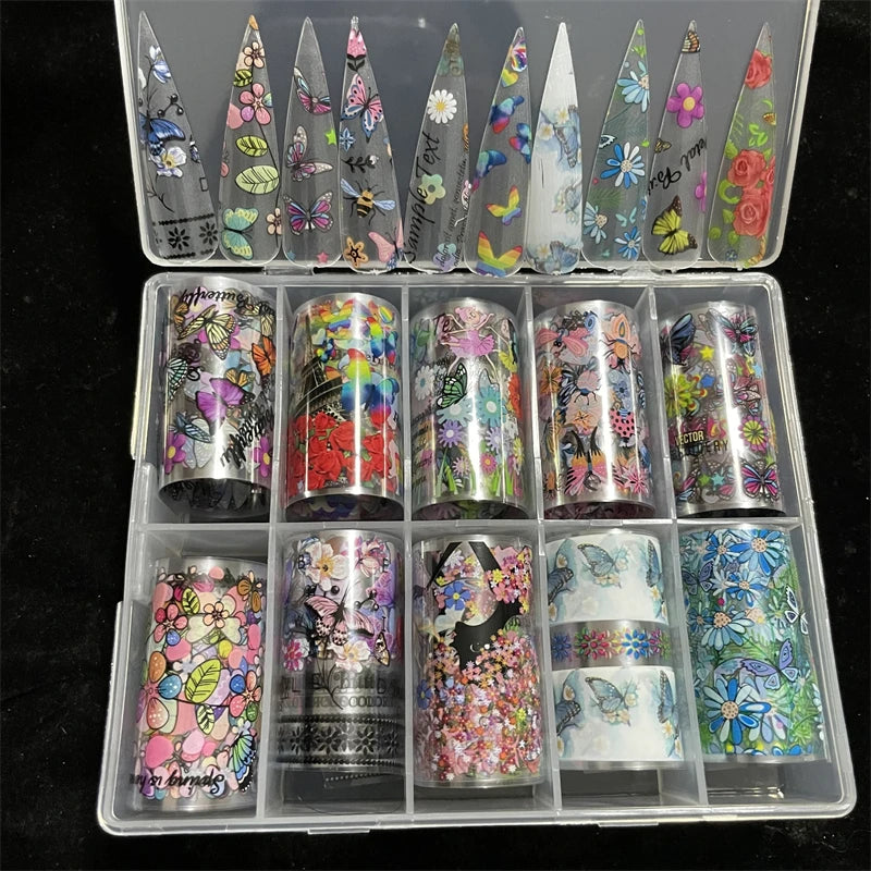 New Flower Nail Foils for Transfer Paper Stickers Floral Adhesive Fruit Nails Wraps Fish DIY Water