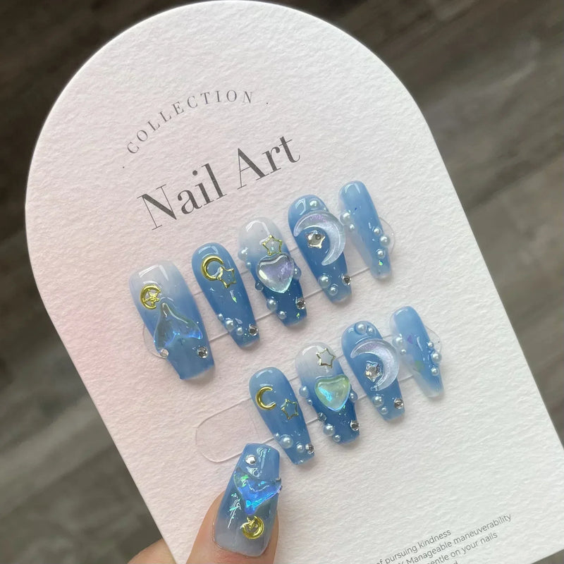 10Pcs Handmade Long Ballet Press-On Nails – Blue 3D Ocean Moon Rhinestone Full Cover Fake Nails