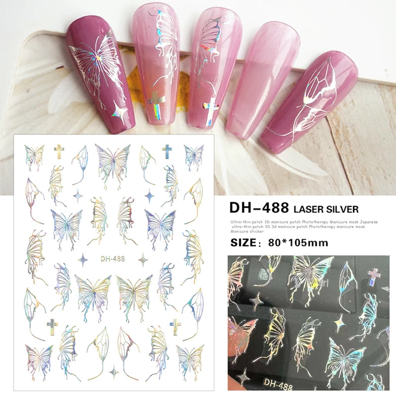 Aurora Laser Butterfly 3D Nail Stickers – Holographic Self-Adhesive Nail Decals