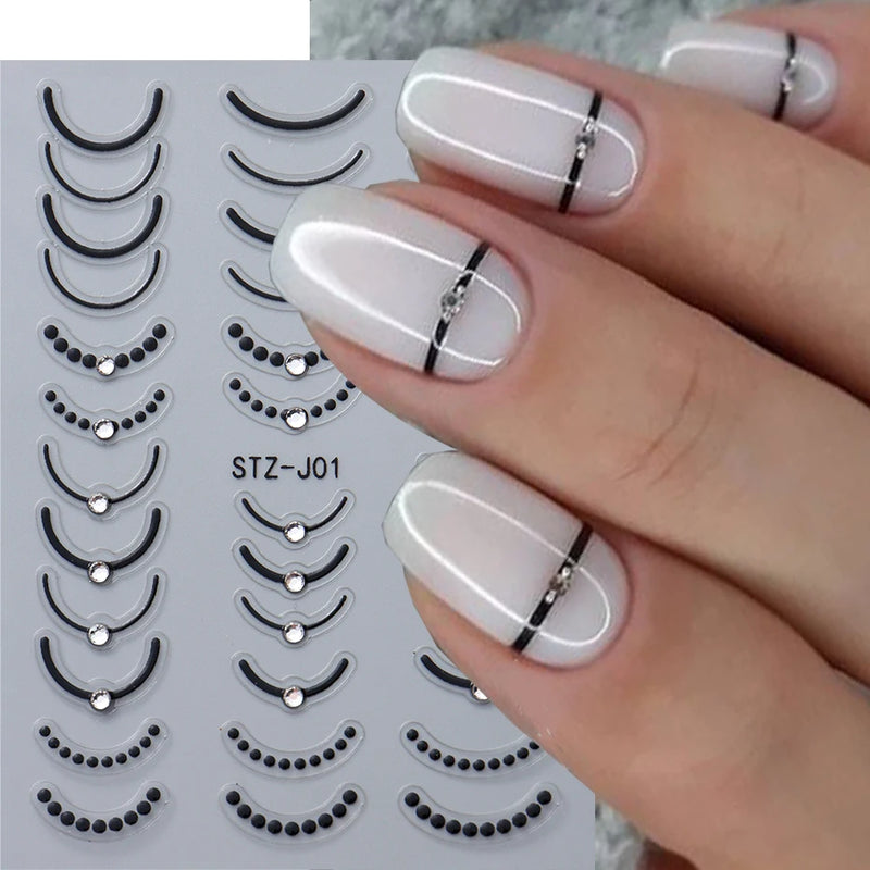 3D Rhinestone French Tip Nail Stickers – Gold & Silver Retro Wave Line Design for DIY Nail Art