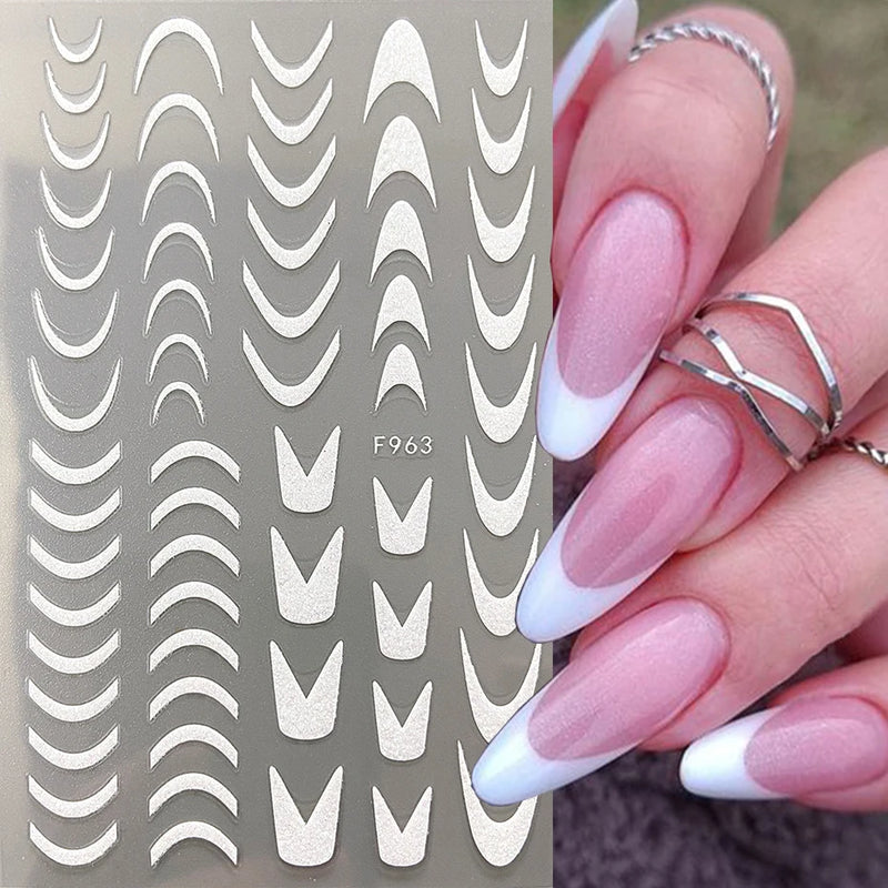 3D Rhinestone French Tip Nail Stickers – Gold & Silver Retro Wave Line Design for DIY Nail Art