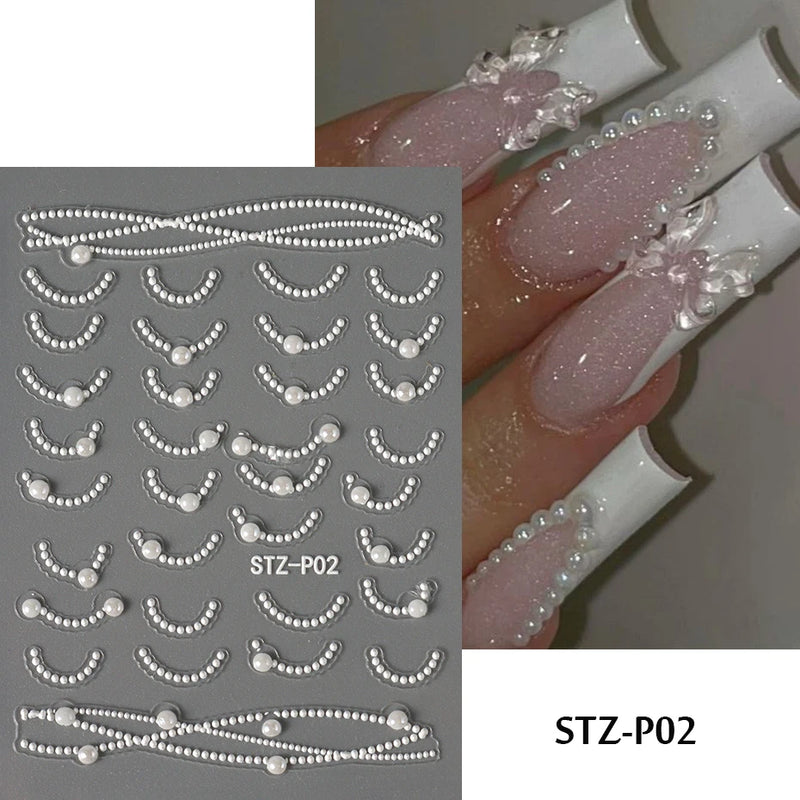 3D Rhinestone French Tip Nail Stickers – Gold & Silver Retro Wave Line Design for DIY Nail Art