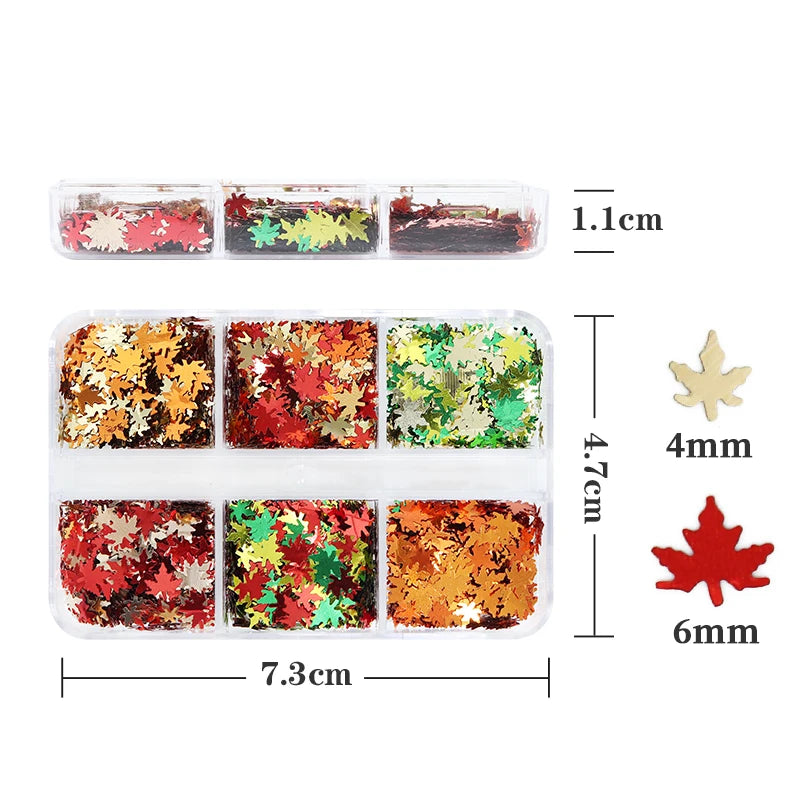 6 Grids Orange Maple Leaves Nail Glitter Sequins Mixed Shiny Fallen Leaf Flakes Autumn Nail Art