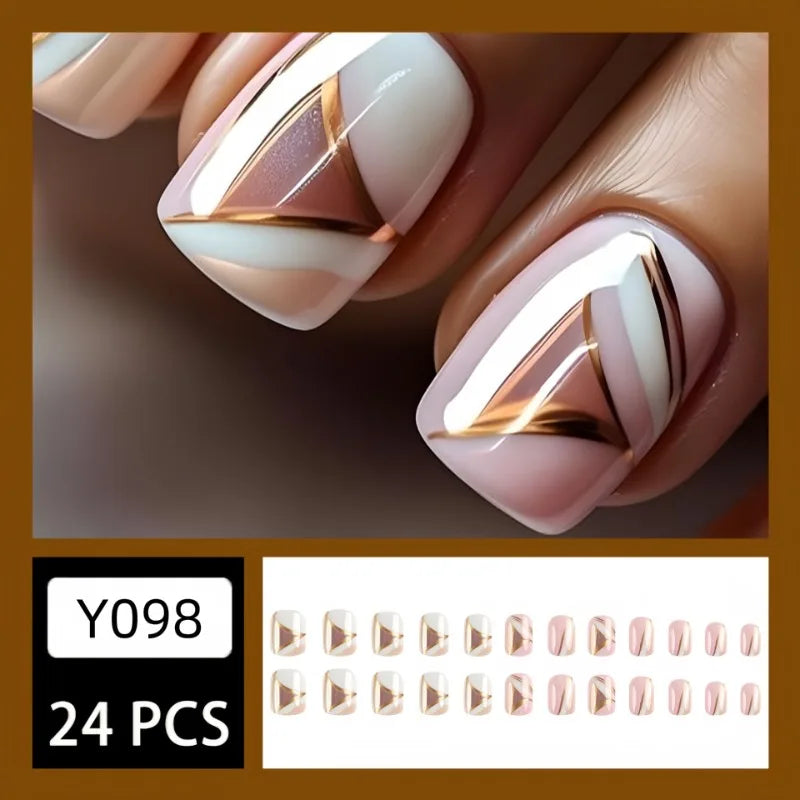 24Pcs Short Square Press-On Nails – Cute Fashion Design Fake Nails with Glue for Girls