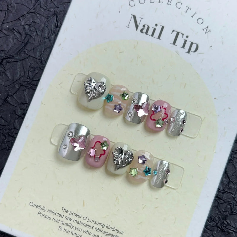 10Pcs Handmade Press-On Nails – Short, Sweet & Cool Full Cover Design, Round Head Fake Nails