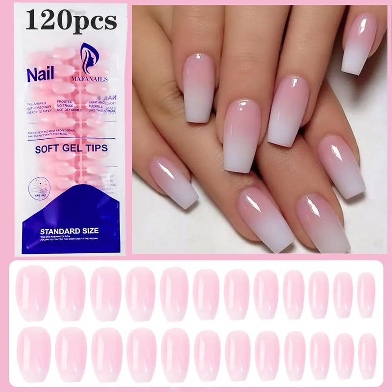 120Pcs Pink Almond French Press-On Nails – Gradient White Full Cover Acrylic Gel False Nail Tips