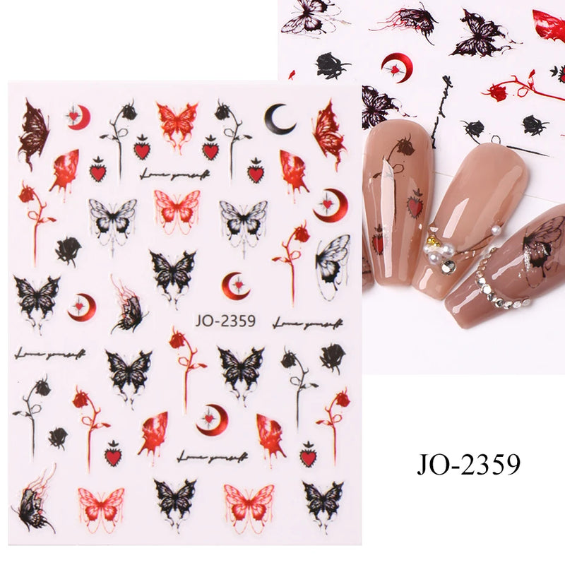 Metallic Black Butterfly 3D Nail Stickers – Dark Style Charms, Lace, Moon & Star Foil Decals