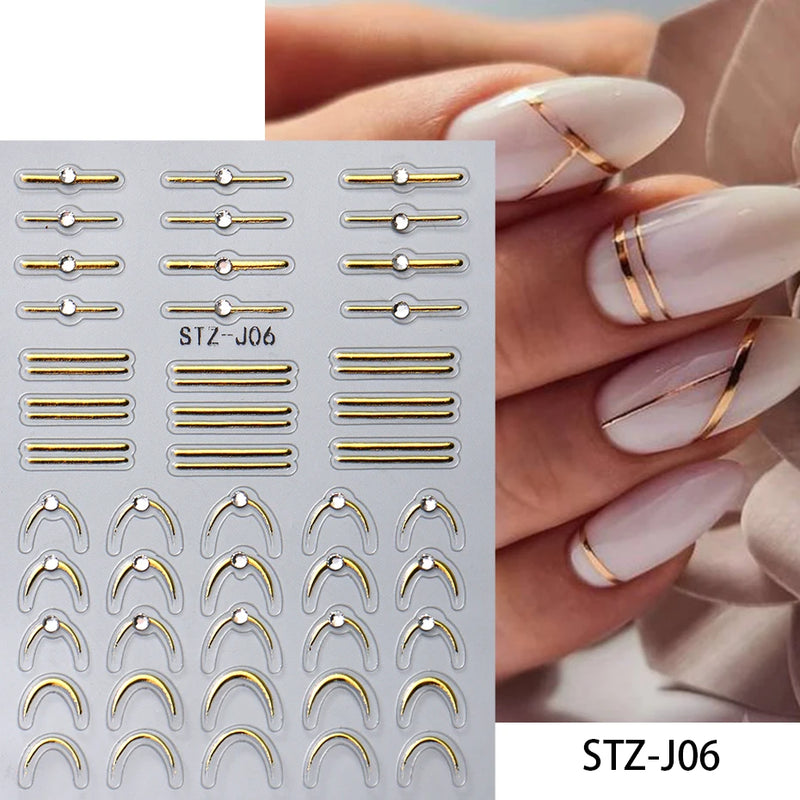 3D Rhinestone French Tip Nail Stickers – Gold & Silver Retro Wave Line Design for DIY Nail Art