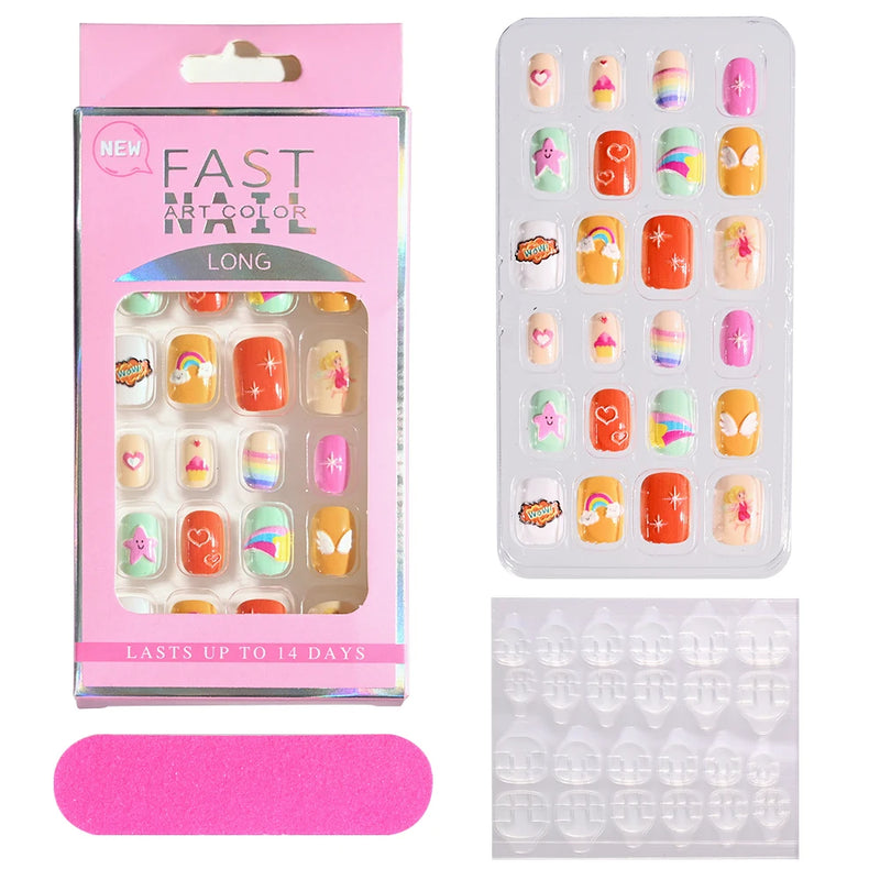 24Pcs Kids Press-On Nails – Cartoon Candy Design, Full Cover Fake Nails for Girls