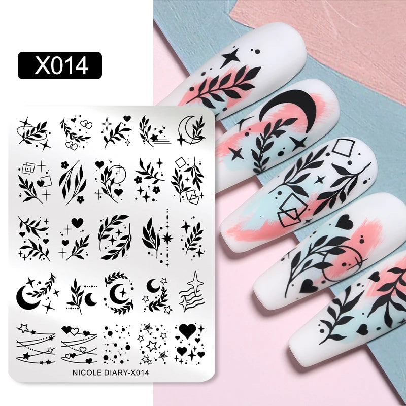 NICOLE DIARY Nail Stamping Plate – Leaves, Flowers, Geometric Stripes & More- Nail Art Stencil