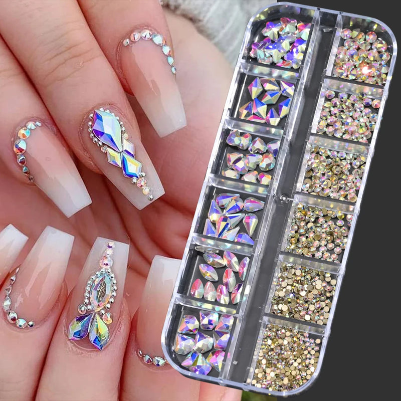 12 Colors Luxury Crystal Nail Art Rhinestones 3D Mixed-Shape Clear/AB Glitter Diamond DIY 12 Grids