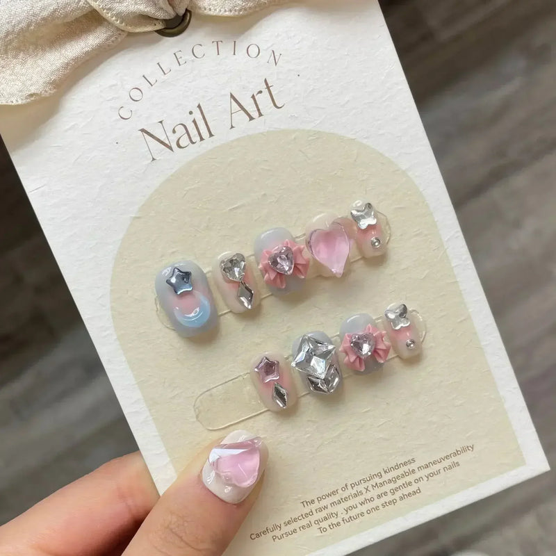 10Pcs Handmade Cute Press-On Nails – Short False Nails with 3D Star, Moon & Rhinestone Heart Design