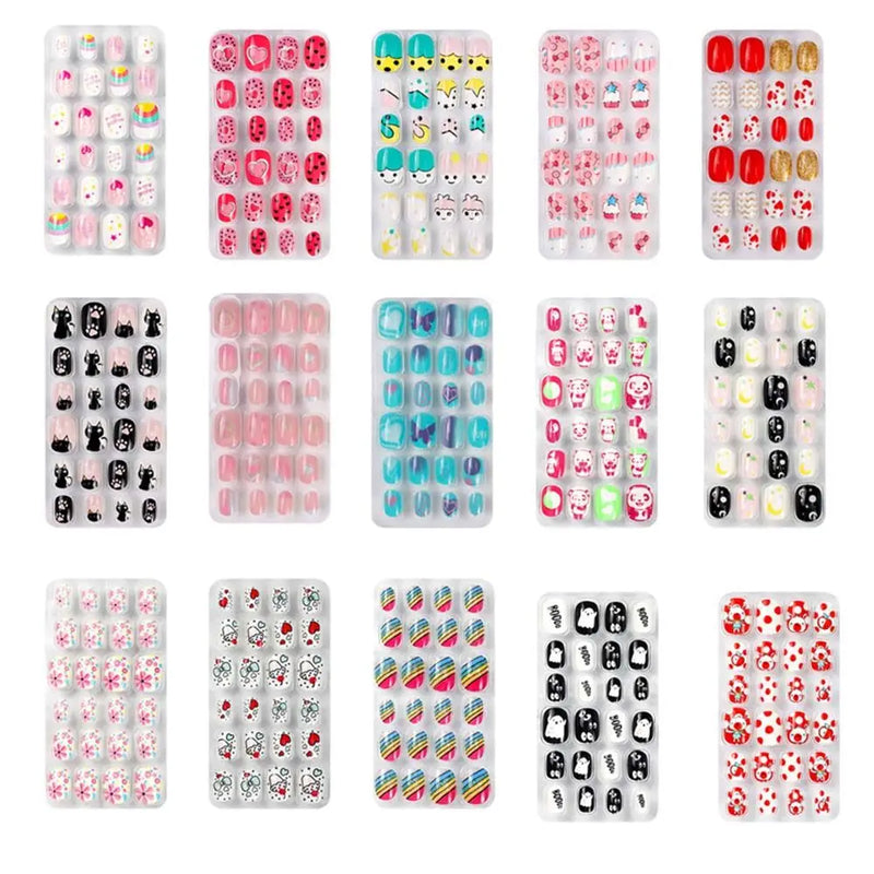 24Pcs Kids Press-On Nails – Cartoon Style, Full Cover Fake Nails, Stick-On Nail Decor for Girls