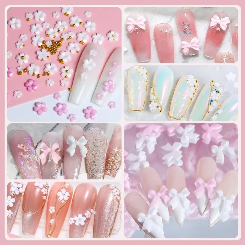 Mixed Acrylic 3D Nail Art Decorations - Flower Charms, Gold Beads, Caviar Pearls & Rhinestones