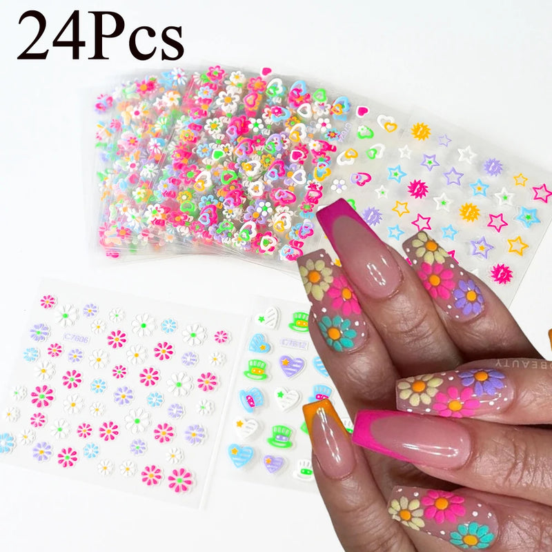 24PCS Colourful Flower Nail Stickers – Summer Butterfly Petal 3D Decals