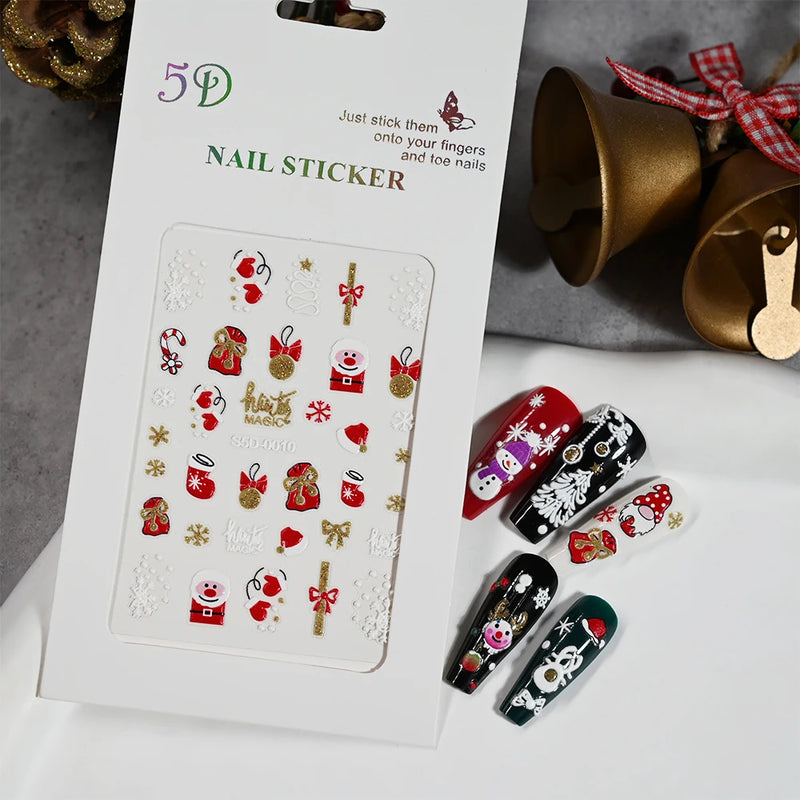 Christmas Nail Art Stickers – 3D Santa Claus & Elk Snowflake Decals for Festive Manicures