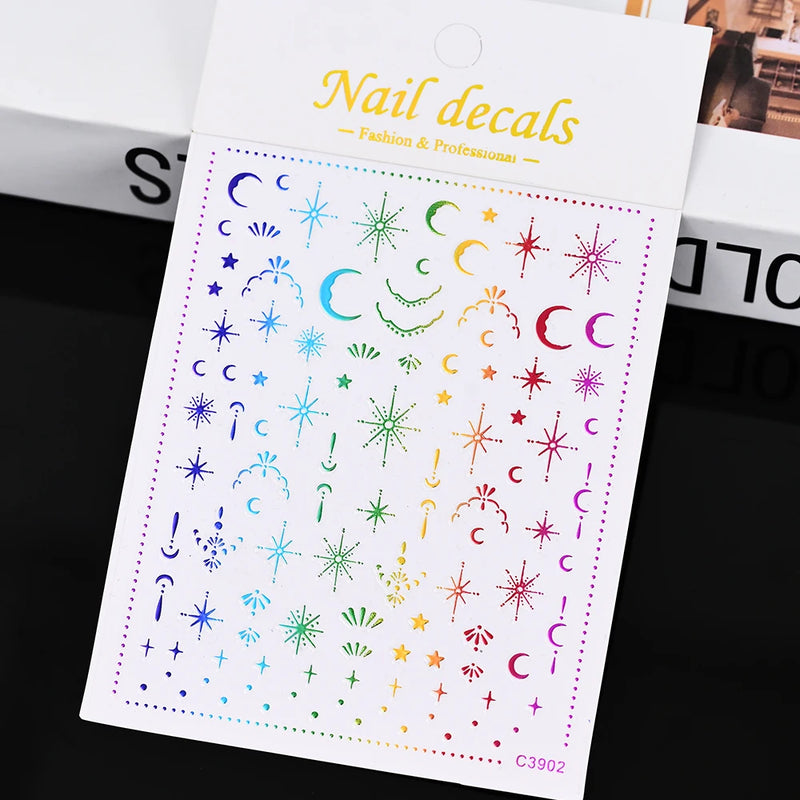 3D Gold Sun/Moon/Star Bronzing Nail Art Stickers – Gold & Silver Self-Adhesive Decals