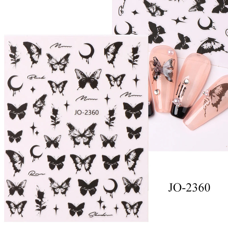 Metallic Black Butterfly 3D Nail Stickers – Dark Style Charms, Lace, Moon & Star Foil Decals