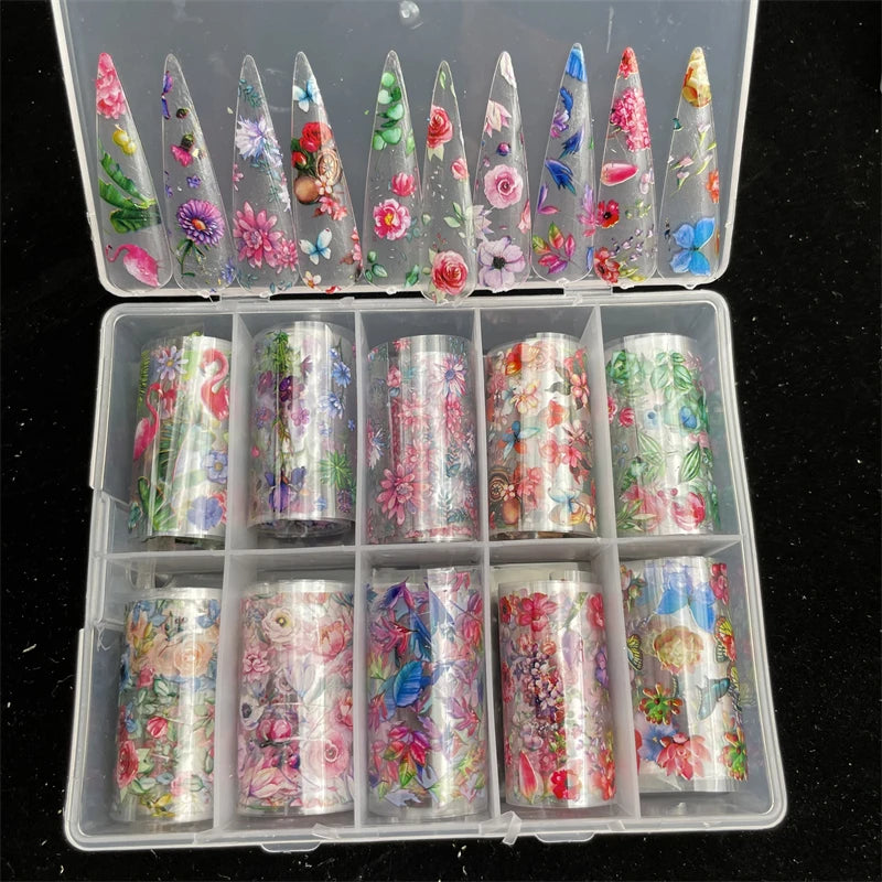 New Flower Nail Foils for Transfer Paper Stickers Floral Adhesive Fruit Nails Wraps Fish DIY Water