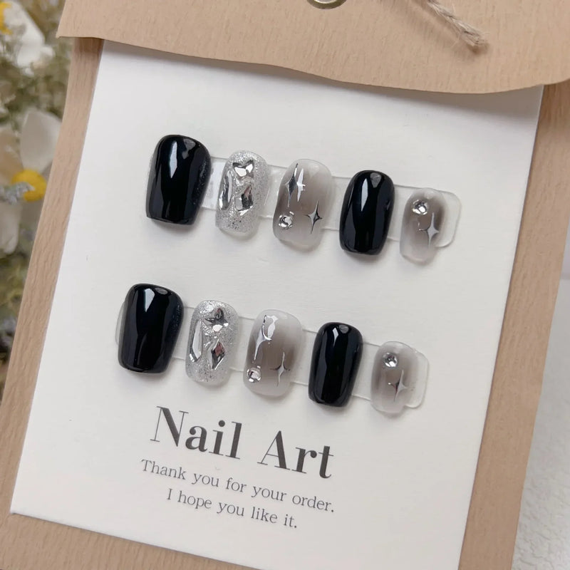 10Pcs Handmade Press-On Nails – Short, Sweet & Cool Full Cover Design, Round Head Fake Nails