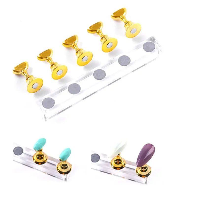 5pcs Magnetic Chess Nail Display Stands – Gold, Silver & Rose Gold Combo for Nail Art Practice