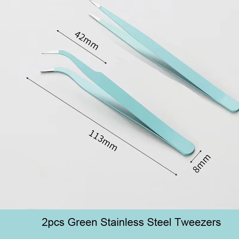 2Pcs Macaron Stainless Steel Tweezers – Straight & Curved Pointed Nail Art Tool