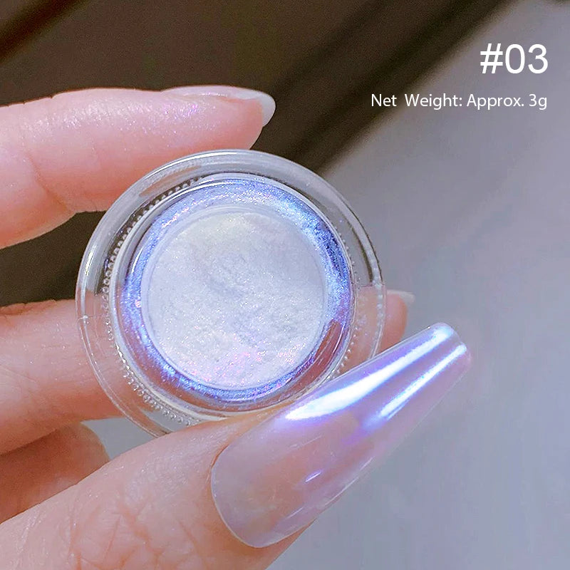 Aurora Pearl White Nail Glitter Powder – Chrome Moonlight Shell Mirror Pigment for UV Gel Nail Art